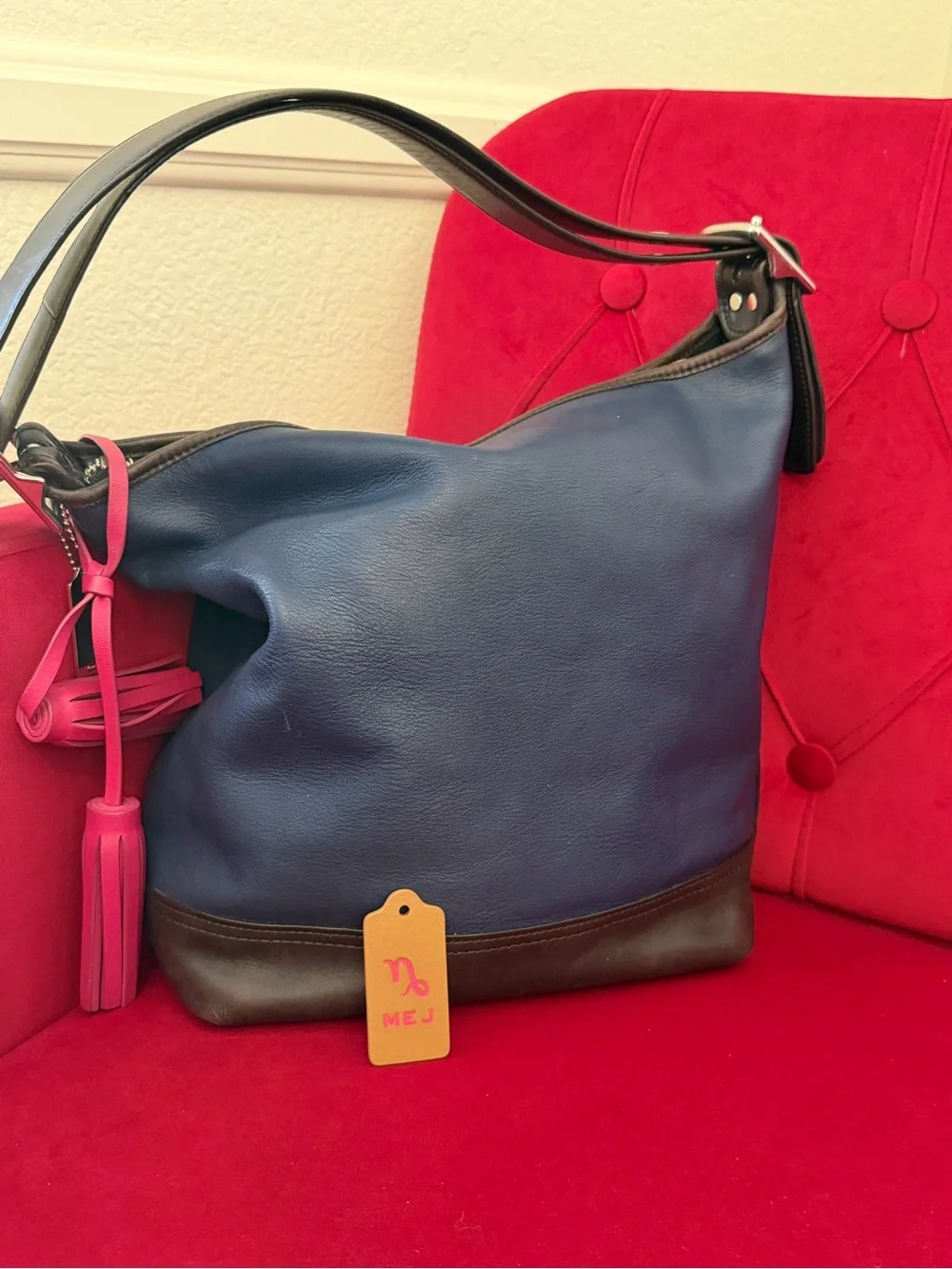 Coach Colorblock Leather Hobo in Hot Pink, Navy & Brown